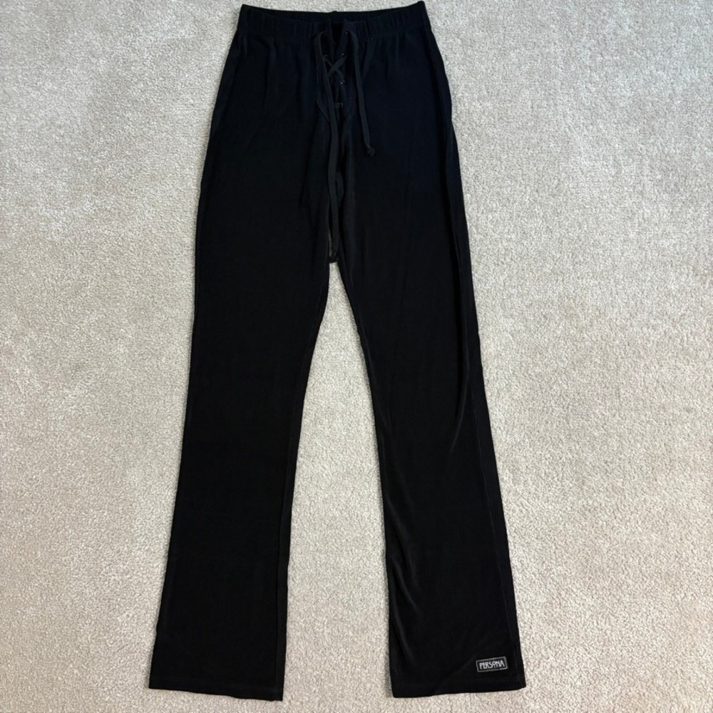 Vintage Persona Ribbed Pants Lace Up Waist Flare‎ Leg Lounge Black Small